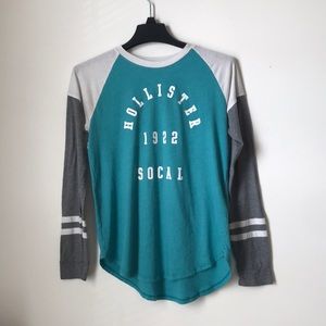 Blue, white, and gray long sleeve hollister shirt